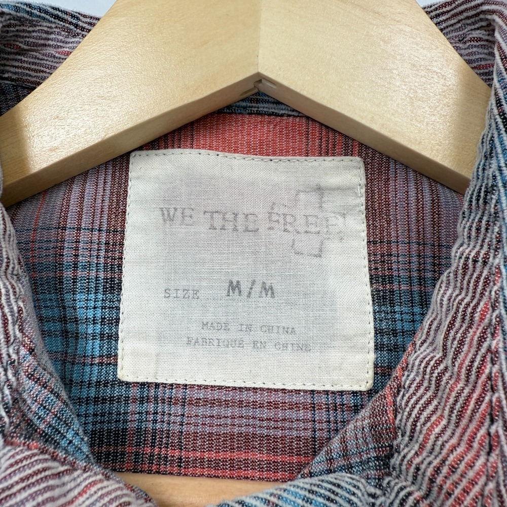 We the Free Plaid Ribbed Button Up Shirt Womens M Pink Blue Raw Hem Ruffle Back - Picture 6 of 10